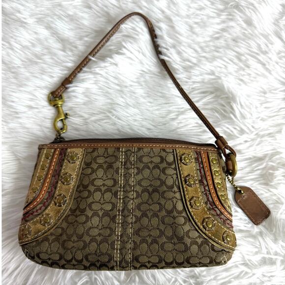COACH Brown Signature Stub Suede Canvas Wristlet - Picture 2 of 9